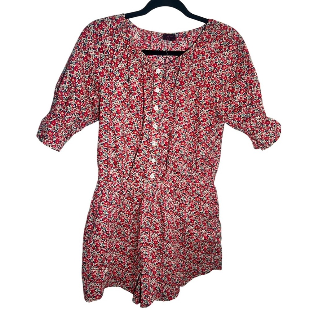 J. Crew Liberty Fabric Floral Romper Women's Size S Red Multi Button Front Short